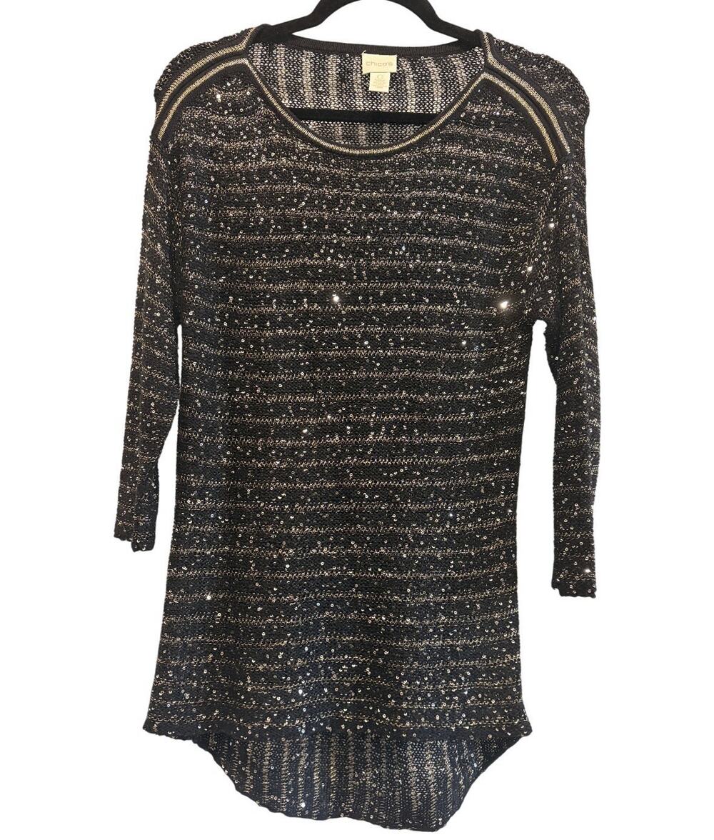 Chico’s Black Sequin Gold Metallic Open Knit Sweater Chico’s Size 0 (US 4)